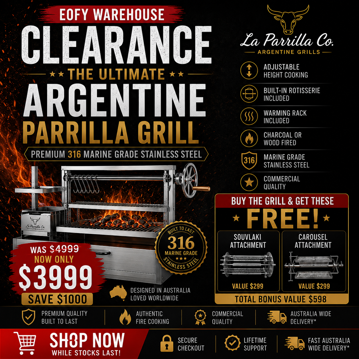 La Parrilla Co 316SS 1200mm premium parrilla grill with inbuilt rotisserie EOFY SALE - SAVE $1500