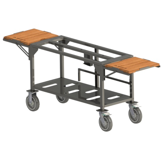 A metal utility cart with a dark gray frame, four caster wheels, and two angled wooden slat-top platforms, shown on a plain white background.